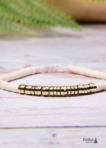 Boho Bracelet, White Blue Colorful Shell Gold